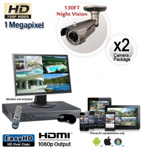Megapixel Outdoor Camera System, 2 Bullet Cameras 130ft Night Vision