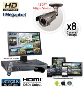 Megapixel Outdoor Camera System, 8 Bullet Cameras 130ft Night Vision